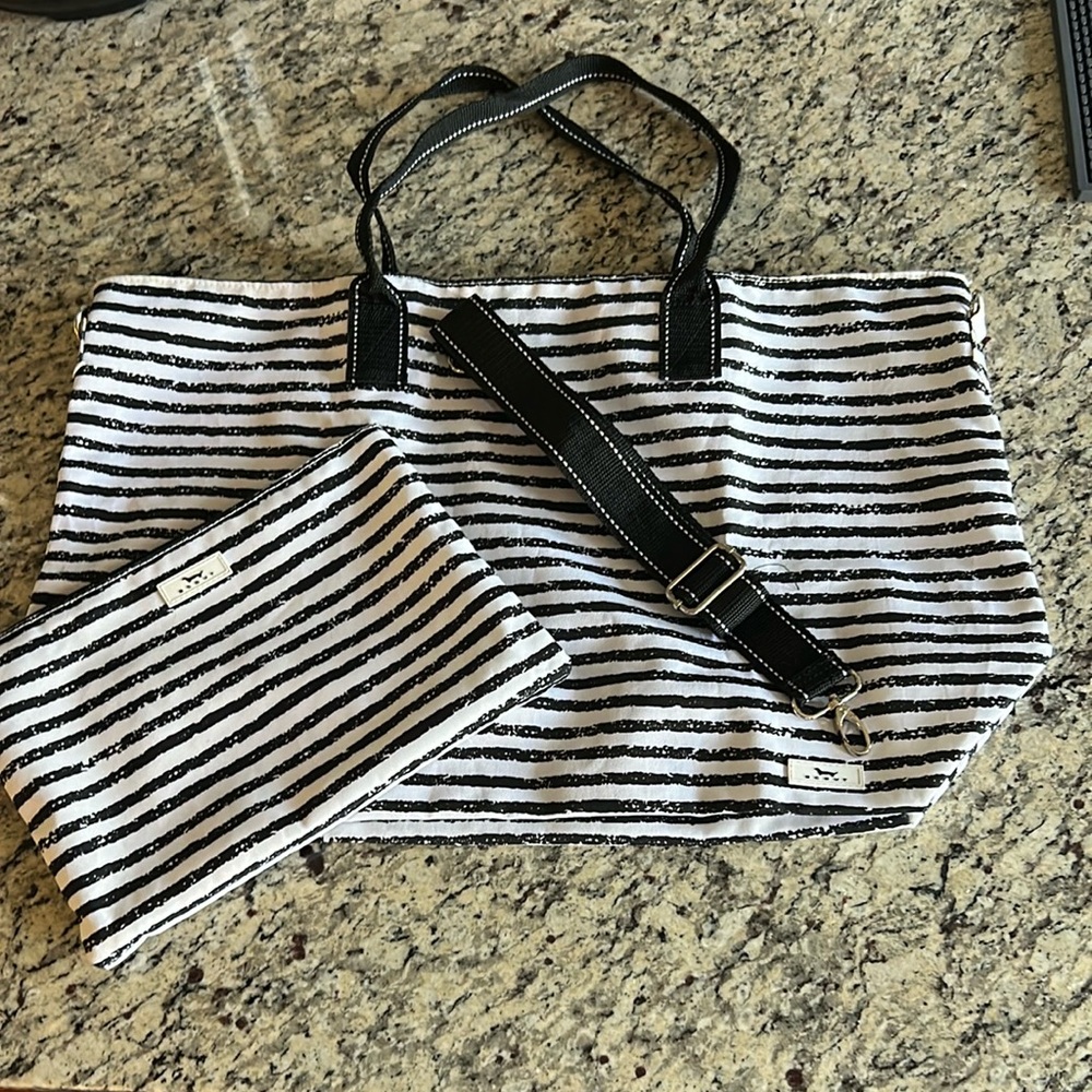 2 in 1 Scout Black and White Striped Packable Tote Bag with Pouch